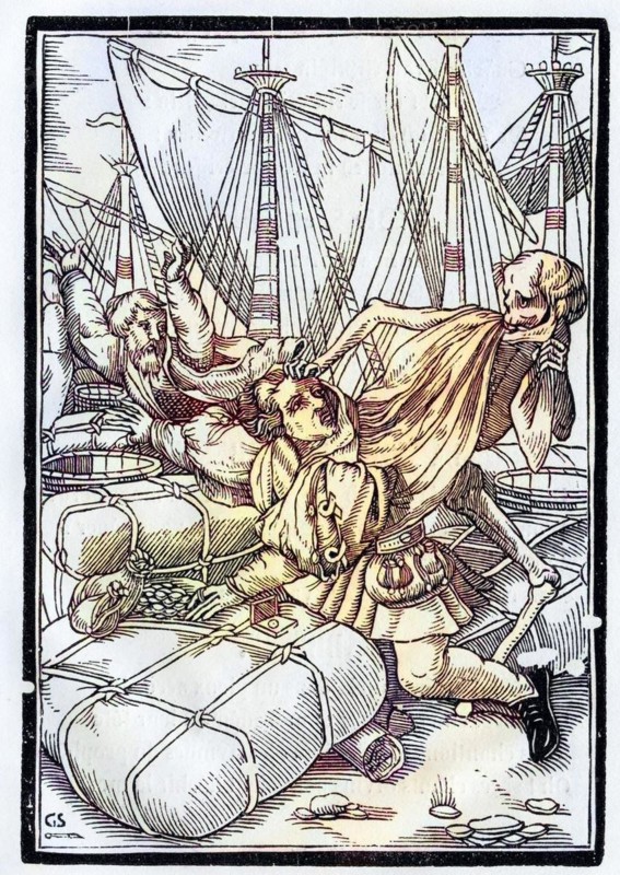 Der Tod kommt zum Kaufmann Woodcut by Georg Scharffenberg after Hans Holbein the Younger From Der Todten Tanz, published Basel 1843, Death comes to the Merchant Woodcut by Georg Scharffenberg after Hans Holbein the Younger From Der Todten Tanz or The Dance of Death published Basel 1843, Historic, digitally restored reproduction from a 19th century original, Record date not stated