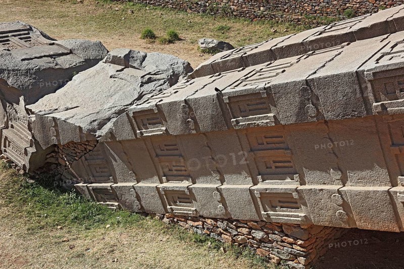 Tigray region, in the stelae park of Axum, Aksum, ancient cemetery of the Axumite kings, broken stele, Ethiopia, Africa