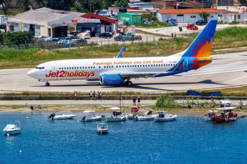 A Boeing 737-800 Jet2 aircraft with registration G-JZBP at Skiathos Airport, Greece, Europe