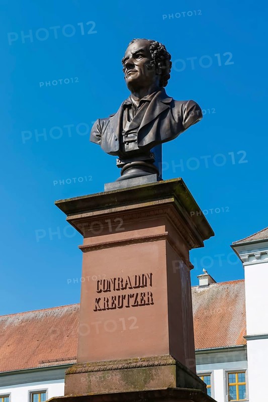 Monument in honour of Conradin Kreutzer, musician, conductor and composer, bust by Hans Baur, sculptor, sculpture, portrait, portrait, head, face, detail, pedestal, writing, letters, public art, statue, Meßkirch, district of Sigmaringen, Baden-Württemberg. Germany