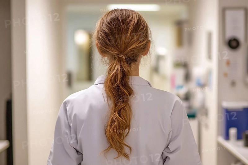 Back view of female doctor wearing lab coat in hospital. Generative Ai, AI generated