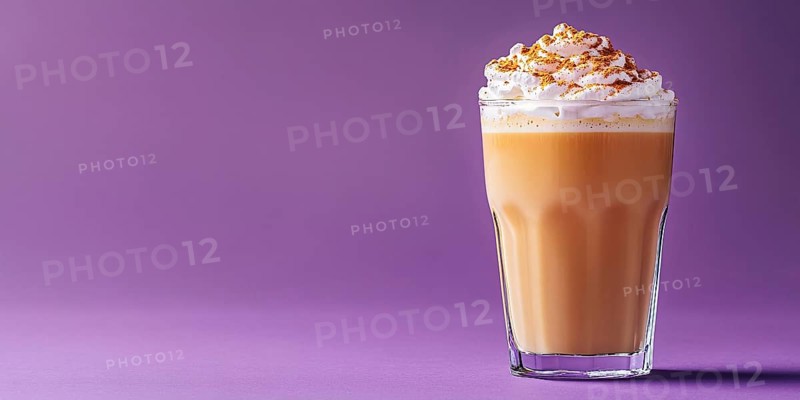 Banner with drinking glass with seasonal pumpkin spice latte on purple background with copy space. Generative Ai, AI generated