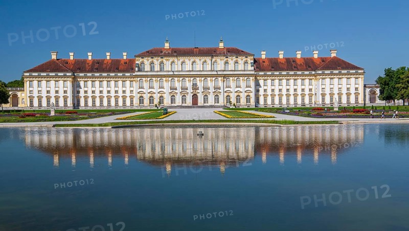 Water basin with reflection of the New Palace in the Schleissheim Palace complex, Oberschleissheim near Munich, Upper Bavaria, Bavaria, Germany, Europe