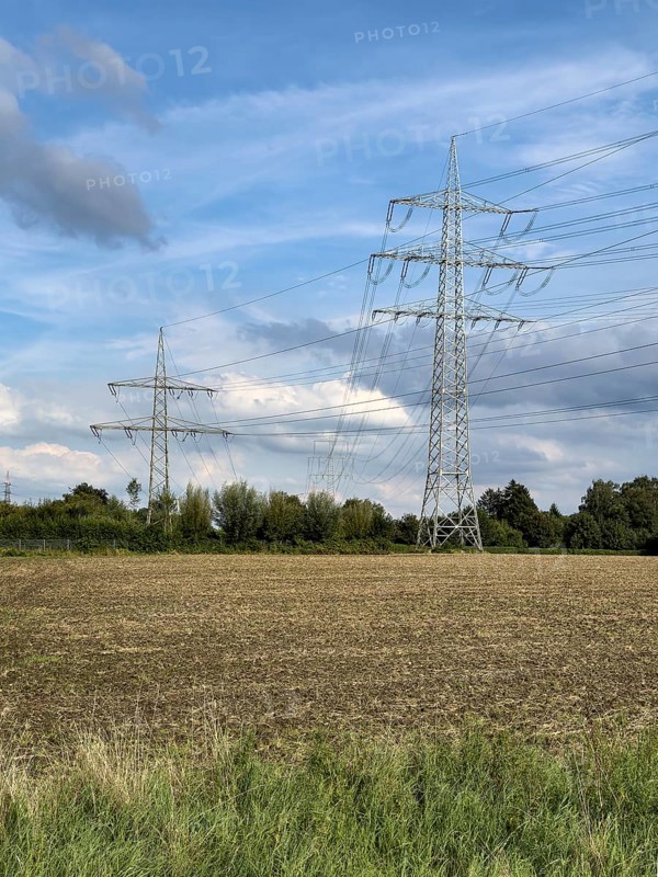 Two overhead line pylons High-voltage pylons Power pylons Support pylons Suspension of electrical overhead line Overhead line for transmission of electrical energy Electricity Power supply Power supply, Germany, Europe