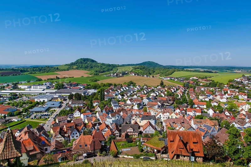 View of small town, houses, roofs, Hohenbeilstein Castle, hilltop castle, Beilstein, Heilbronn district, Baden-Württemberg, Germany, Europe