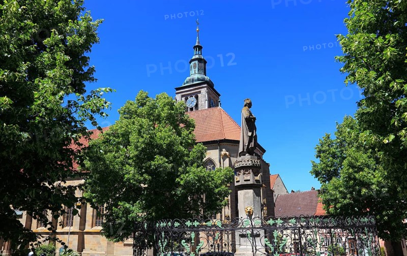 Regiomontanus Fountain on the market square and late Gothic, Evangelical-Lutheran St Mary's Church, Königsberg in Bavaria, Königsberg i.Bay, town in the district of Haßberge, Lower Franconia, Bavaria, Germany, Europe