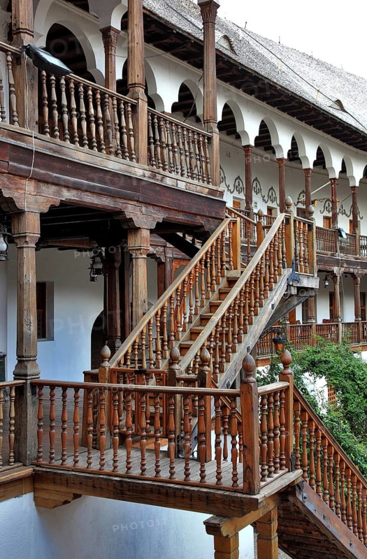 Bucharest, city centre, building, courtyard of Hanul lui Manuc now houses restaurants, former caravanserai, wooden stairs, wooden arcades, Romania, Europe