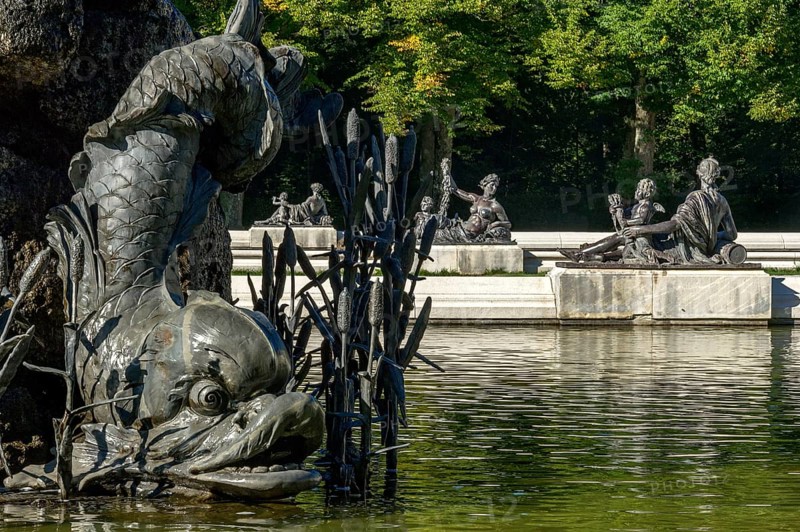 Gargoyle, fish, animal figure, Fortuna fountain, Fortuna fountain, fountain, mythological female figures at the edge of the pool, water parterre, castle park, Herrenchiemsee Castle, Herreninsel, Chiemsee, Chiemgau, Upper Bavaria, Bavaria, Germany, Europe