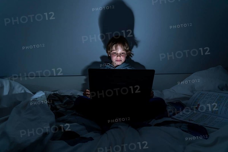 Boy, at home on the computer, laptop, in the children's room, playing a game