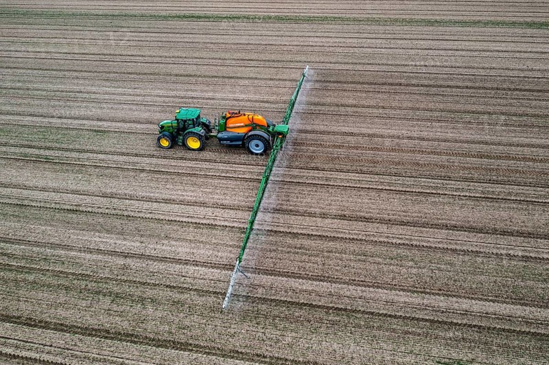 Farmer working a field, crop protection agent being sprayed, field with young sugar beet plants, North Rhine-Westphalia, Germany, Europe