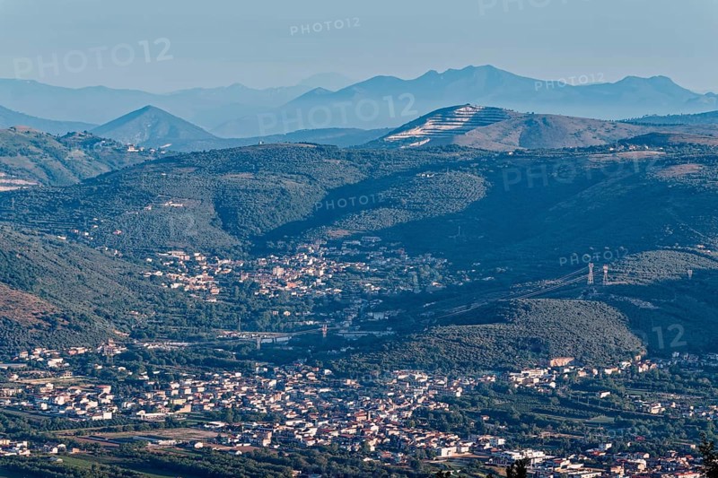 View of the densely populated Neajpolitan region and the mountains and hills of the province of Benevento in the morning light.Santuario di Sant'Angelo a Palombara, Casserta, San Felice a Cancello, Campania, Italy, Southern Europe, Europe