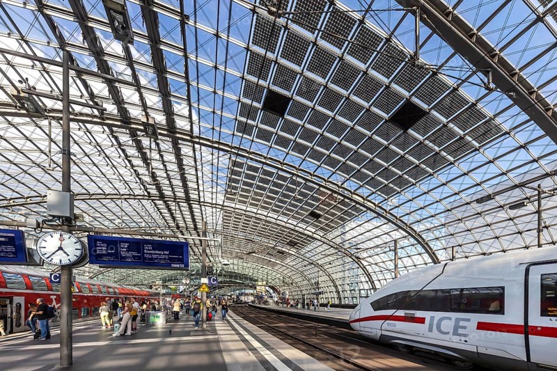 Central station with platform hall with glass roof construction with integrated photovoltaic system, ICE, Berlin, Germany, Europe