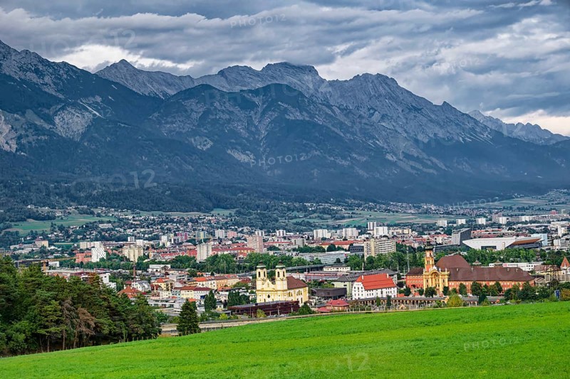 View of Innsbruck and the mountains of the Innsbruck Nordkette, Alpine landscape, Innsbruck, Tyrol, Austria, Europe