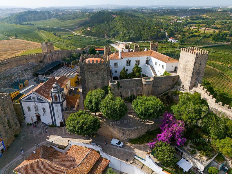 Aerial view of a castle complex with towers, a chapel and surrounding trees, embedded in a green landscape, city, castle, Castelo de Óbidos, city wall, Óbidos, Obidos, Oeste, Centro, Estremadura, Portugal, Europe