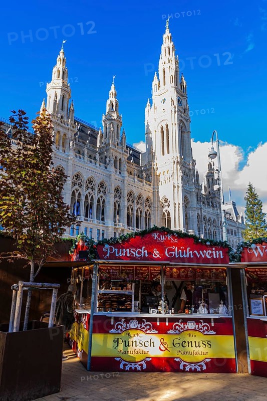 Punch and mulled wine stand at the Christmas market at City Hall, behind the City Hall, Vienna, Austria, Europe