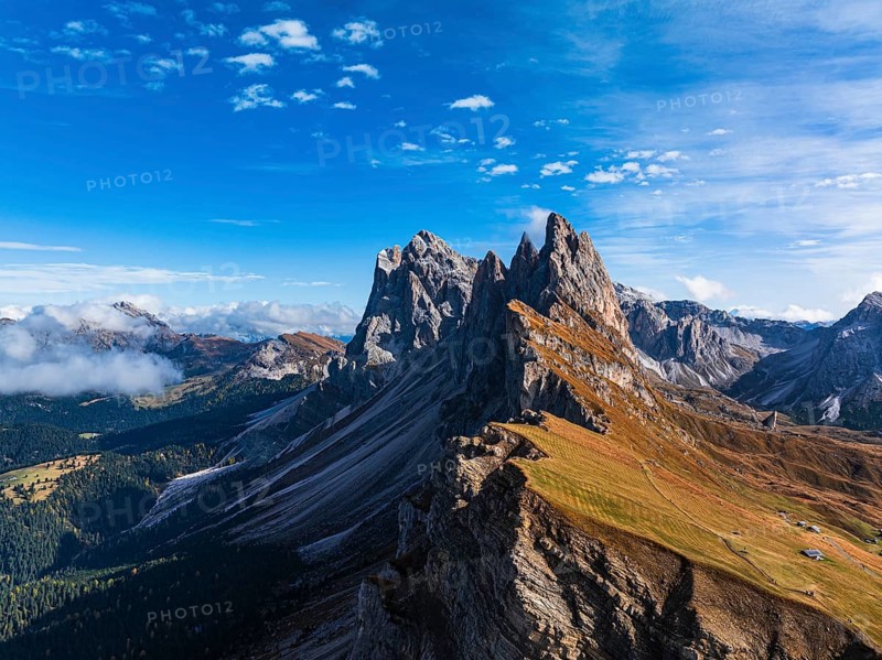 The Sas Rigais and Furchetta peaks of the Odle Group, drone shot, Val Gardena, Dolomites, Autonomous Province of Bolzano, South Tyrol, Italy, Europe