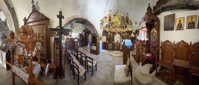 Panoramic view of the interior of the two-nave monastery church dedicated to the Assumption of the Virgin Mary and the Apostles Peter and Paul, Unesco Site Orthodox Greek Orthodox Monastery of Moni Odigitria, Festos, Crete, Greece, Europe