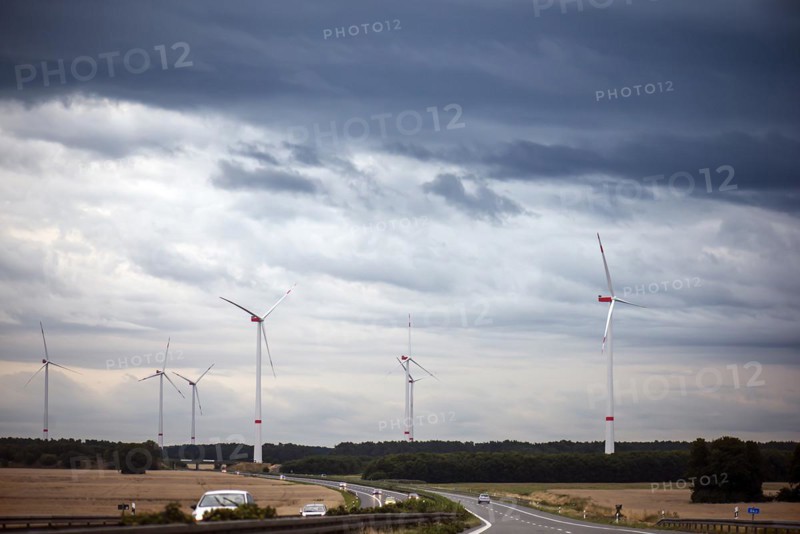 Wind turbines on the A 9 motorway, cloudy sky, Thuringia, Germany, Europe