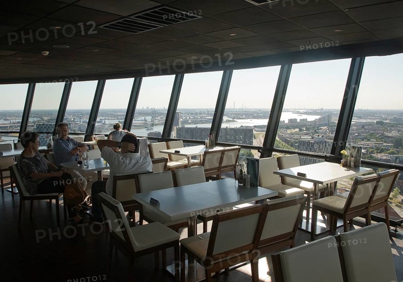 Cafe restaurant with views high above the city from the 185 metre tall Euromast tower, Rotterdam, Netherlands