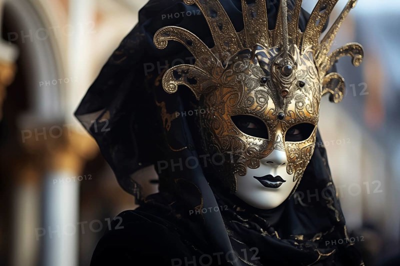 A person adorned in a richly detailed mask and costume, capturing the essence of the Venice Carnival's grandeur and mystery, AI generated