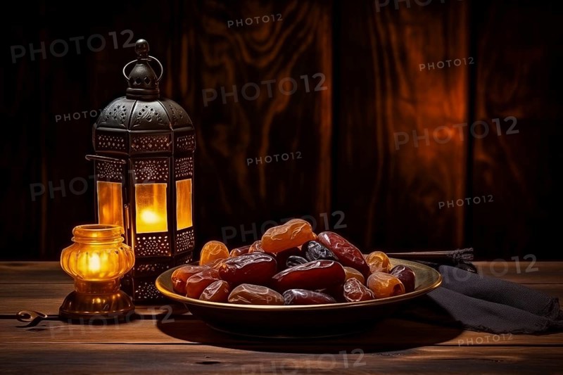 Ramadan lantern with a plate of succulent figs on dark background, set on an ornate table with intricate designs, evoking the rich traditions and serene moments of the holy month, AI generated