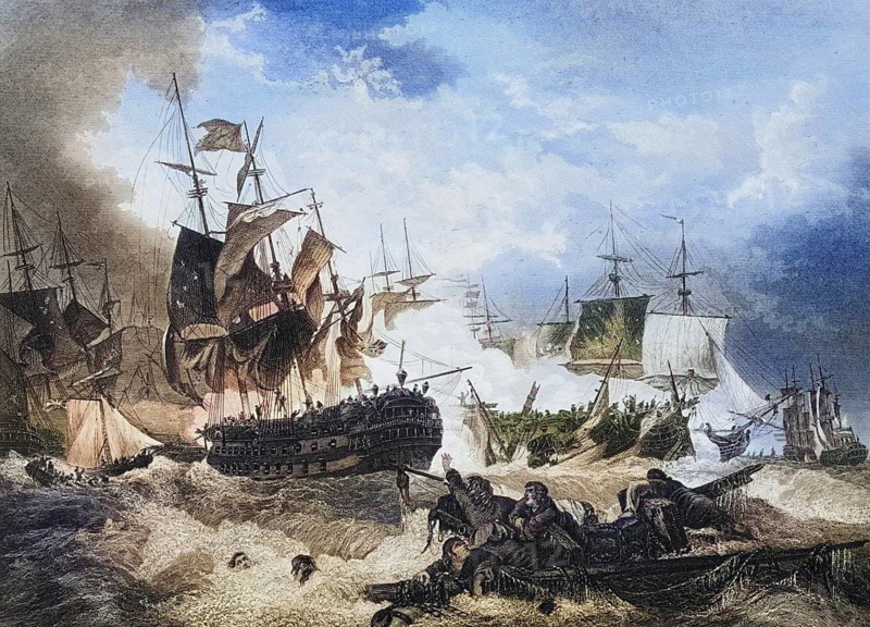 Admiral Duncan's victory over the Dutch fleet in the North Sea, In the naval battle of Camperduin during the First War of the Coalition, on 11 October 1797, a British fleet under the command of Admiral Adam Duncan encountered ships of the Batavian Republic under the command of Admiral Jan de Winter in the North Sea off the Dutch coast near Alkmaar, Historical, digitally restored reproduction from a 19th century original, Record date not stated