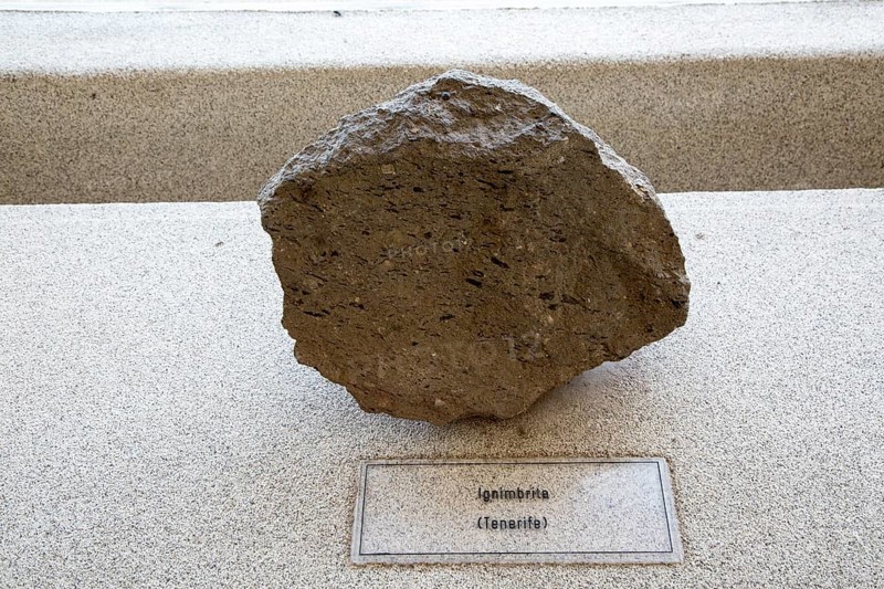 Ignimbrite rock sample geology display, Casa de los Volcanes volcanic study centre, Lanzarote, Canary island, Spain, Europe