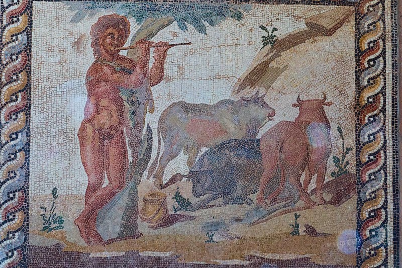 Ancient mosaic depicting a faun playing the panpipe surrounded by animals, Archaeological Museum, Archea Korinthos, Corinth, Peloponnese, Greece, Europe