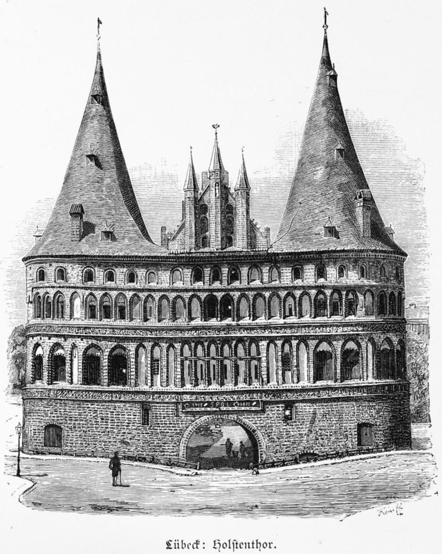 Holsten Gate in the Hanseatic city of Lübeck, Schleswig-Holstein, Germany, historical illustration 1880, Europe