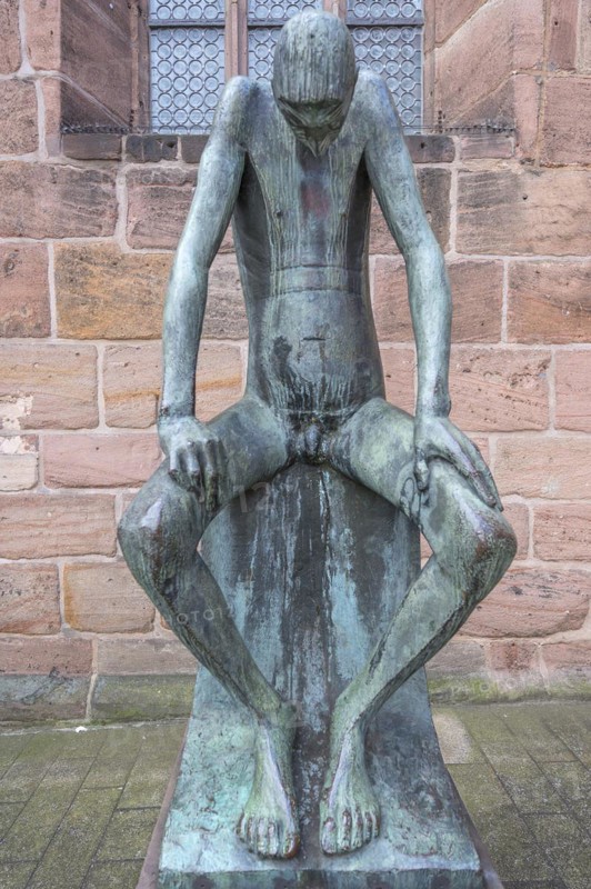 Bronze sculpture of Job, created by the German sculptor Gerhard Marcks in 1957, in front of St Clare's Church, Königstraße 66, Nuremberg, Middle Franconia, Bavaria, Germany, Europe