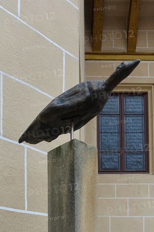 Bronze waterfowl replica, the bird herding horse is one of the oldest works of art of mankind, UNESCO World Heritage Site, Ice Age art, sculpture, information board, writing, letters, inner courtyard, Hohentübingen Palace, Museum of the University of Tübingen MUT, higher education institution, historical building, place of learning, Renaissance complex built in the 16th century, in the palace courtyard, Eberhard Karls University of Tübingen, Tübingen, Baden-Württemberg, Germany, Europe