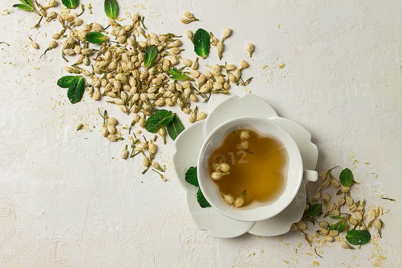 Jasmine Tea, drink, Jasmine flowers, dry, herbal, tea, top view, no people