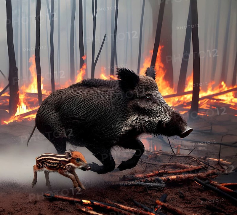 Climate change, global warming, environmental catastrophe, a female wild boar with young boar flees in great leaps from a forest fire, AI generated, AI generated