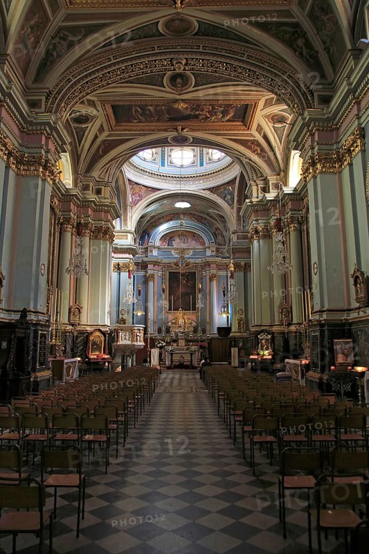 Nave and altar inside Saint Francis of Assisi Church interior, Valletta, Malta, Europe