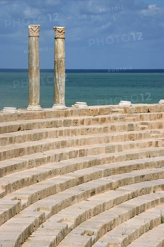 Ruins of Roman theater at Leptis Magna, Lectis Magna, Lepcis Magna in Khoms, Al Khums near Tripoli, Libya, North Africa, Africa