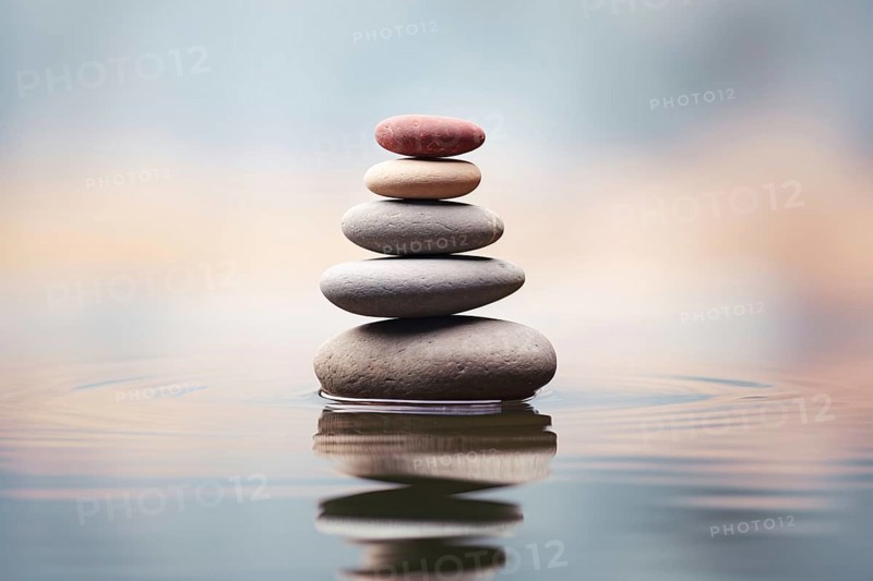 Stack of zen stones on water with a nature background. The image conveys a sense of balance, harmony, and peace. Suitable for use in wellness, therapy, and relaxation concepts Stack of zen stones on water with a nature background. Suitable for use in wellness, therapy, and relaxation concepts, AI generated