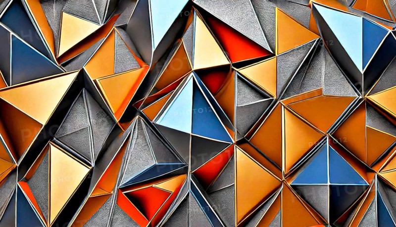 Art object, Artistic digital design art, Triangles coloured in shiny metal look in 3D, AI generated, AI generated