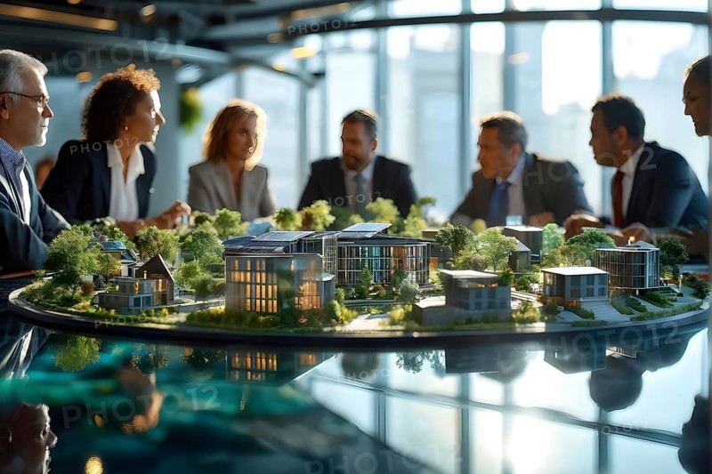 Business professionals engaged with a scale model of a modern solar park adjacent to miniature houses, AI generated