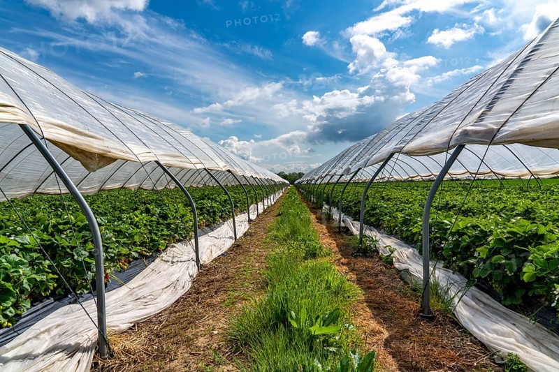 Harvest of strawberries, strawberry cultivation in the open, under a foil tunnel, young strawberry plants growing, in different stages of ripeness, near Dormagen, Rhineland, North Rhine-Westphalia, Germany, Europe