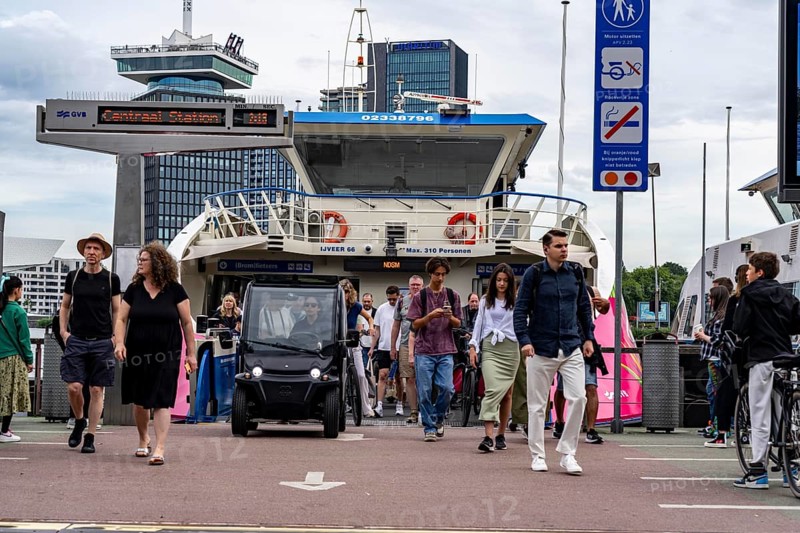 GVB ferries for pedestrians and cyclists across the river Ij, at Amsterdam Centraal station, free of charge, to the eastern parts of the city, Netherlands