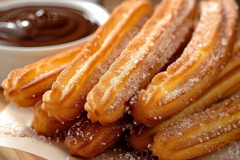 Close up of Churros with chocolate sauce. A fried dough dessert from Spanish and Portuguese cuisine. Generative Ai, AI generated