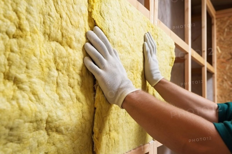 Construction worker installing mineral wool filling used as isolation material in walls. KI generiert, generiert, AI generated