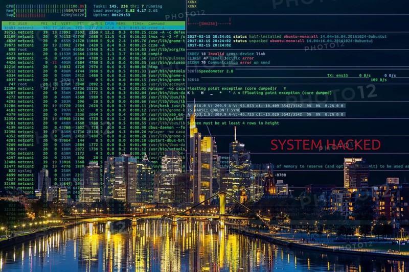 Symbolic image cyberattack, computer crime, cybercrime, computer hackers attack the IT infrastructure of a city, Frankfurt am Main