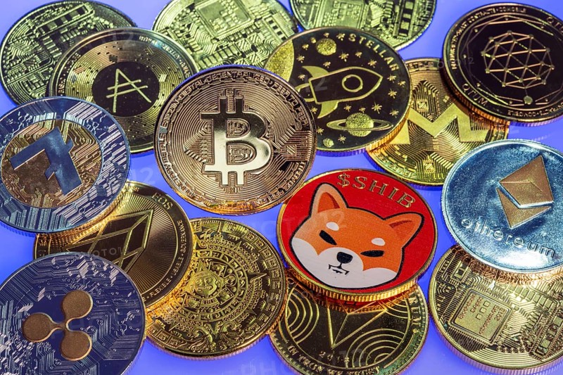 Various cryptocurrencies, symbol coins, optical placeholder for the digital currency, blockchain, Bitcoin, Ripple, Ethereum, Shiba Inu, Eos, Litecoin, Monero, Stellar, Adalevea, Qtum Blockchain, Tron, Maya