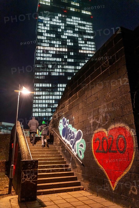 Stairs from the banks of the Main, Weseler Werft to Eyssenstraße at the building of the European Central Bank, ECB, graffiti with heart in Frankfurt am Main, illuminated windows, offices, Hesse, Germany, Europe