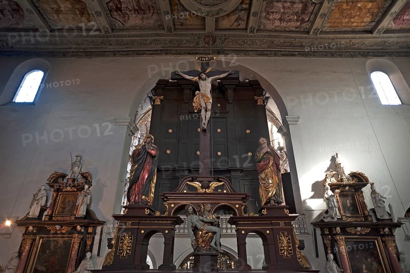 Altar above painted coffered ceiling in the Basilica of St Emmeram. Regensburg, Upper Palatinate, Bavaria, Germany, Europe