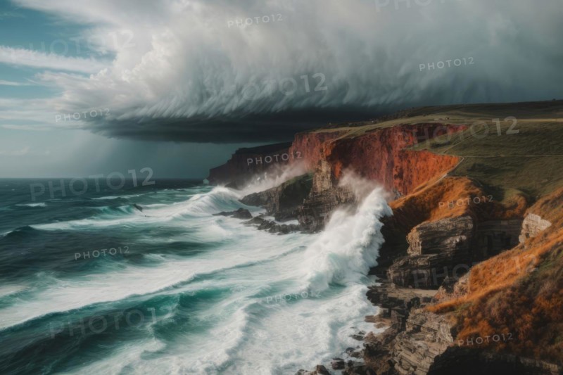 A stormy ocean with a large wave crashing against the rocks. The sky is cloudy and the water is choppy, AI generated