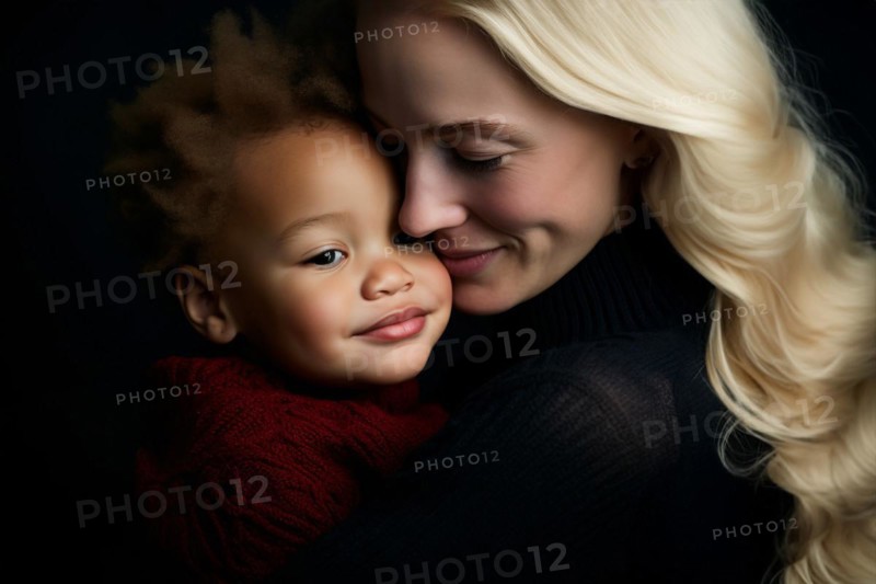 Young caucasian woman with blind hair hugging young mixed child with black skin. Concpet for interracial family. KI generiert, generiert AI generated