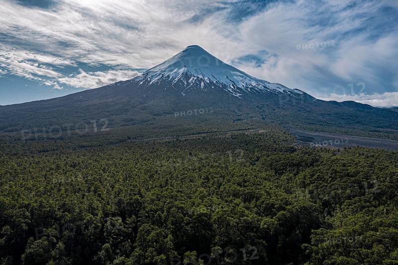 Snow-capped volcano Osorno in early spring, chilenean lake district, Los Lagos Region, Chile, South America
