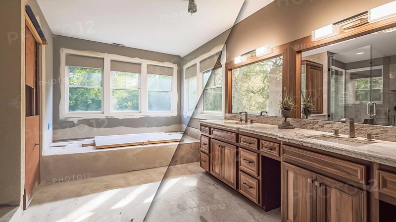 Luxurious custom bathroom upgrade interior before and after construction, generative AI, AI generated